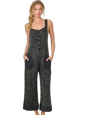 Washed Black Wide-Leg Jumpsuit Romper